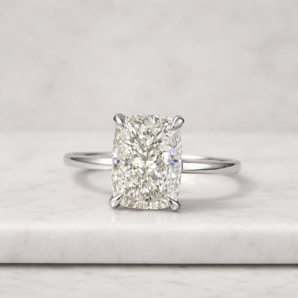 4 ct elongated cushion cut moissanite engagement ring, 14k gold elongated cushion cut diamond ring, cushion cut hidden halo solitaire ring.
