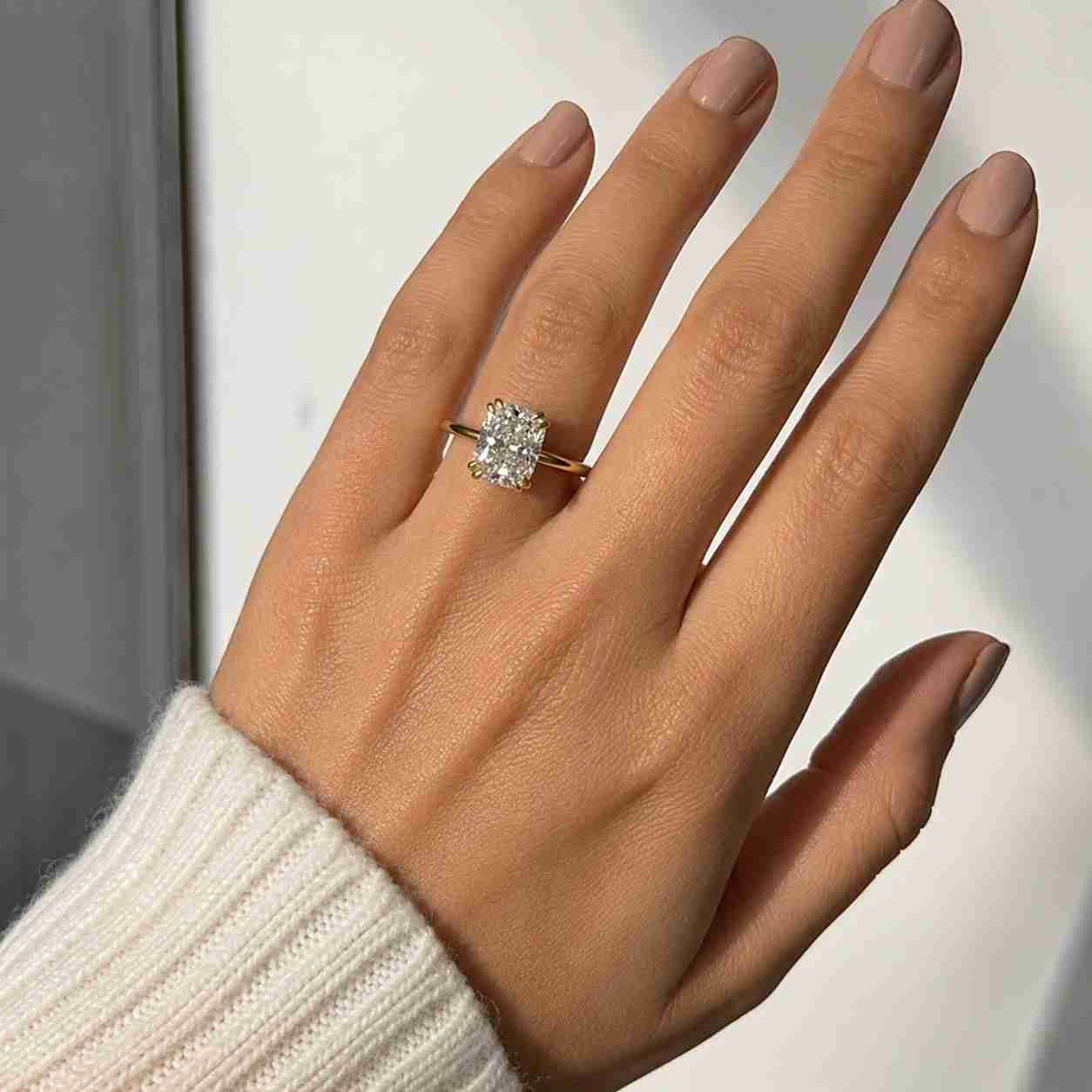 4 ct elongated cushion cut moissanite engagement ring, 14k gold elongated cushion cut diamond ring, cushion cut hidden halo solitaire ring