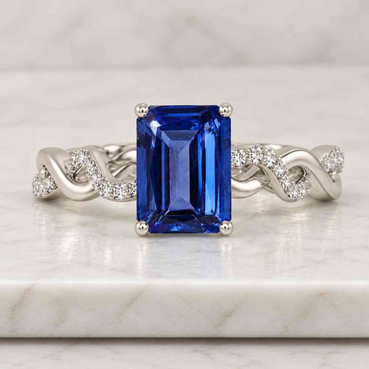 4 ct emerald cut moissanite diamond ring, large stone ring with twisted gold band, with out hidden-halo ring for proposal ring
