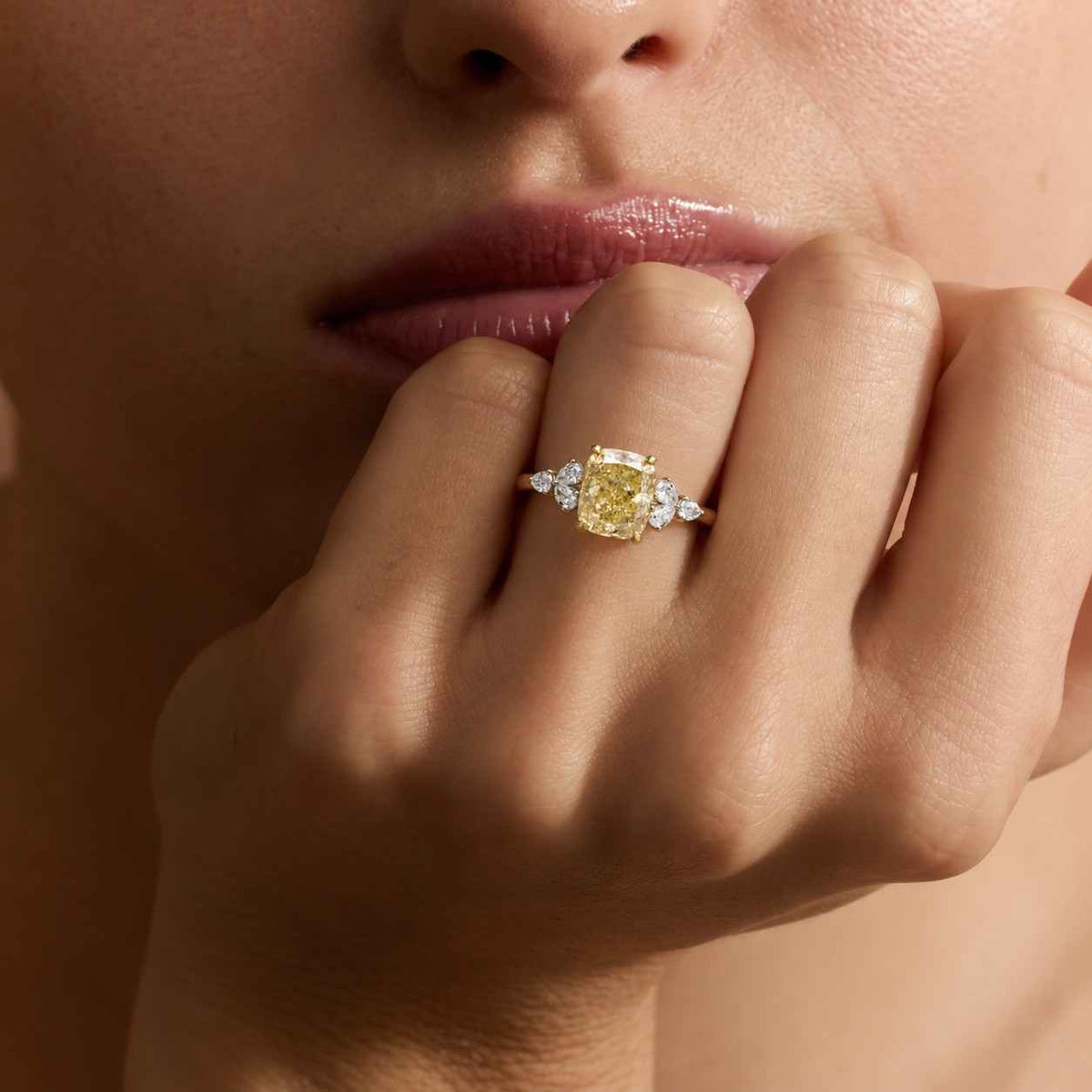 4 CT Fancy Yellow Elongated Cushion Lab Grown Diamond Three Stone Engagement Ring, Pear Sides Pave, 14K Yellow Gold