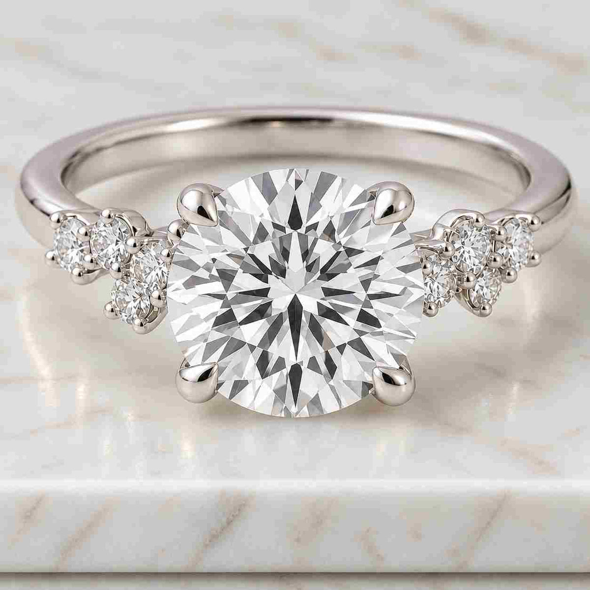4 ct marquise lab grown diamond ring | hidden halo engagement ring | 3mm round side accent ring | pave gold band | gift for her 
