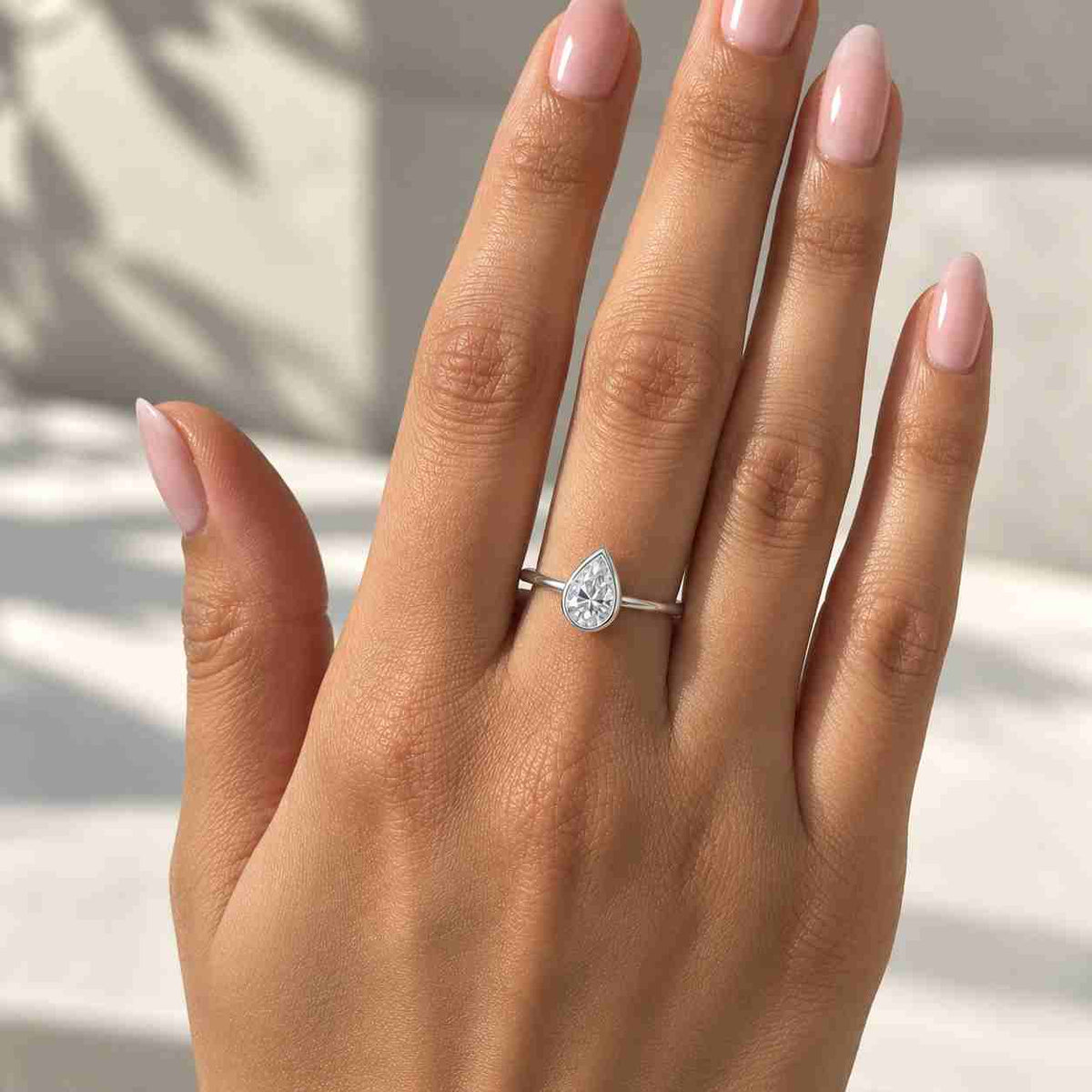 4 ct tilted pear moissanite engagement ring, 14k gold full bezel set solitaire, tear drop wedding modern cross cathedral shank proposal ring