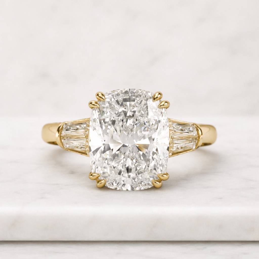 5.05 Carat Cushion Cut Lab Grown Diamond Ring, 14k Gold Solitaire Engagement Setting, The Seloria
