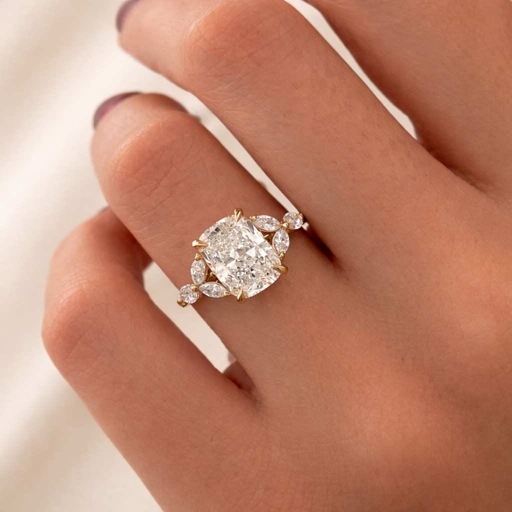 4 Carat Elongated Cushion Lab Created Diamond Hidden Halo Ring / Low Profile Diamond Ring / Two Tone Platinum Prongs / Crushed Ice Cushion
