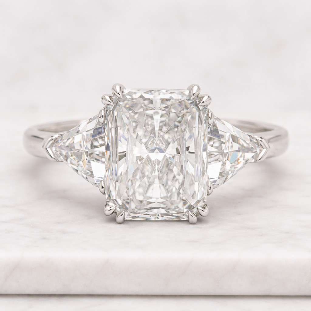 4 ct radiant cut moissanite engagement ring with trillion side stones