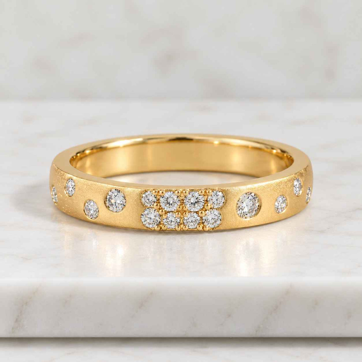 4 mm wide 14k solid yellow gold wedding band 0.32 tc round cut moissanite accents flush setting matching band stacking band wedding jewelry
