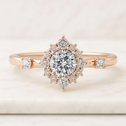 4 Prongs Solitaire Ring Vintage Ring Invisible Halo ring Round Cut Moissanite Engagement Ring Unique Pave Wedding Ring