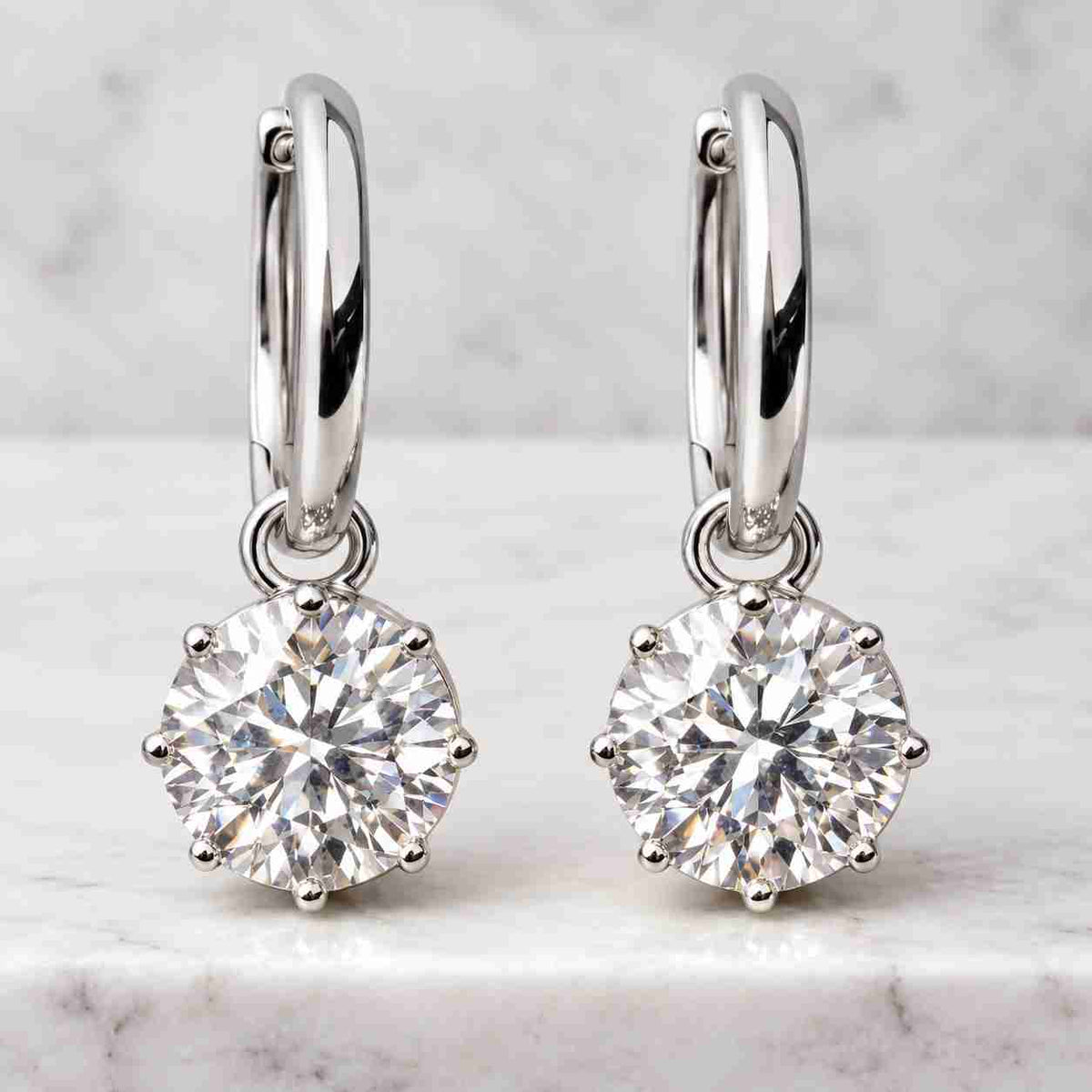 4 tcw round cut lab grown diamond drop earrings: 14k gold solitaire hoops earrings
