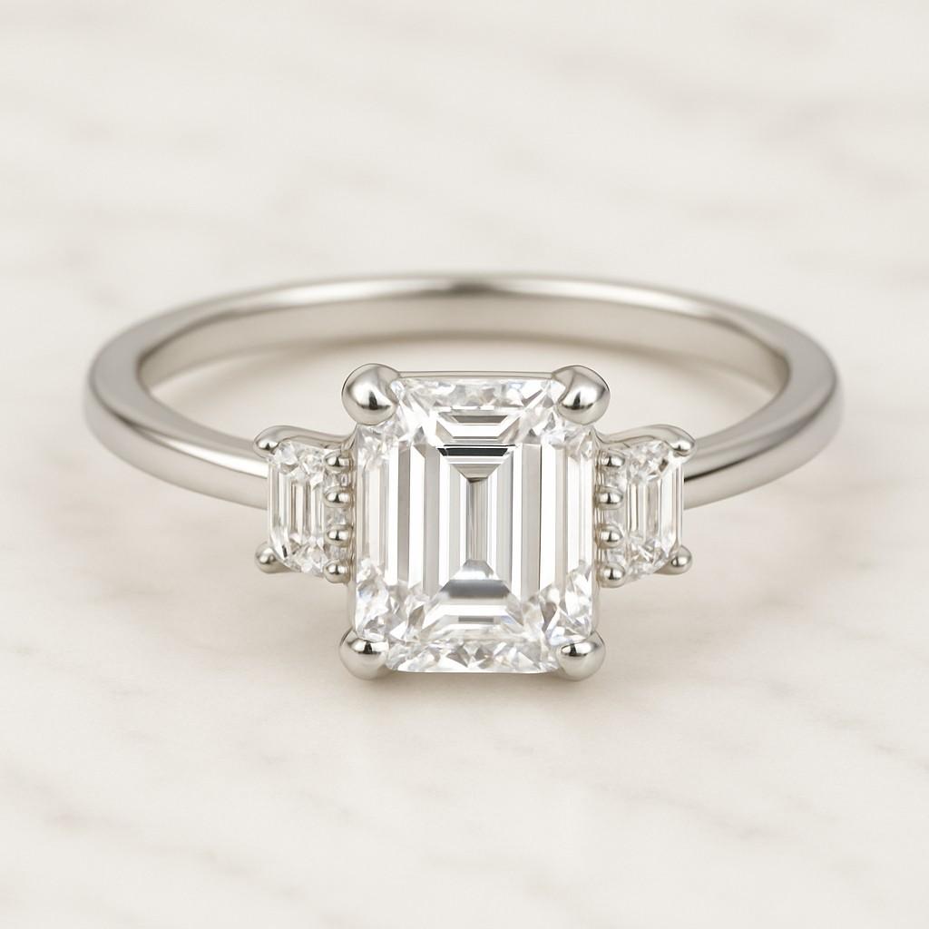 White Gold Wedding Ring Anniversary Gift for Her  Emerald Cut 3ct CVD Diamond Engagement Ring  Three Stone Diamond Ring