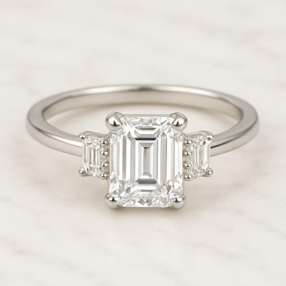 White Gold Wedding Ring Anniversary Gift for Her  Emerald Cut 3ct CVD Diamond Engagement Ring  Three Stone Diamond Ring