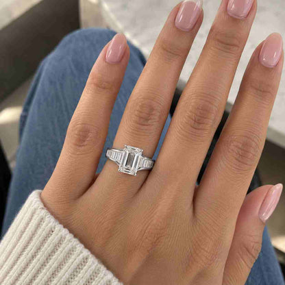 4ct Emerald Cut Lab-Grown Diamond Three Stone Engagement Ring, Solid Gold, Baguette Side Stones