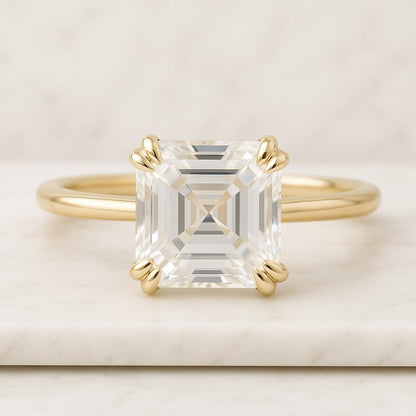 5.20 Carat Asscher Cut CVD Diamond Trilogy Ring  Step Cut Bullet Side Diamond Three Stone Ring 14K Solid Gold Wedding Ring For Her