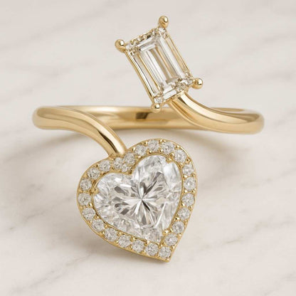 5CT Lab Grown Diamond Toi et Moi Ring 14K Gold Heart & Emerald Cut