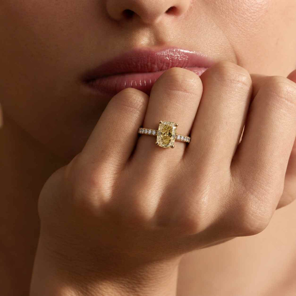 5CT Fancy Yellow Cushion Cut Lab Grown Diamond Ring, Pave Band, IGI Certified
