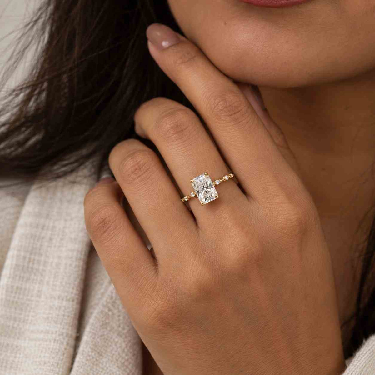 5 ct radiant cut lab grown igi certified diamond engagement ring: hidden halo solitaire
