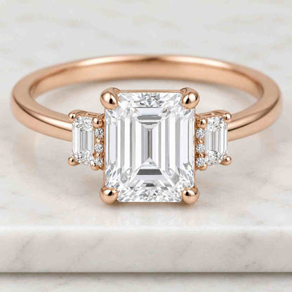5 Carat Emerald Cut Lab-Grown Diamond Three Stone Engagement Ring  Trapezoids Side Stones 14k White Gold Luxurious Trilogy Diamond Ring