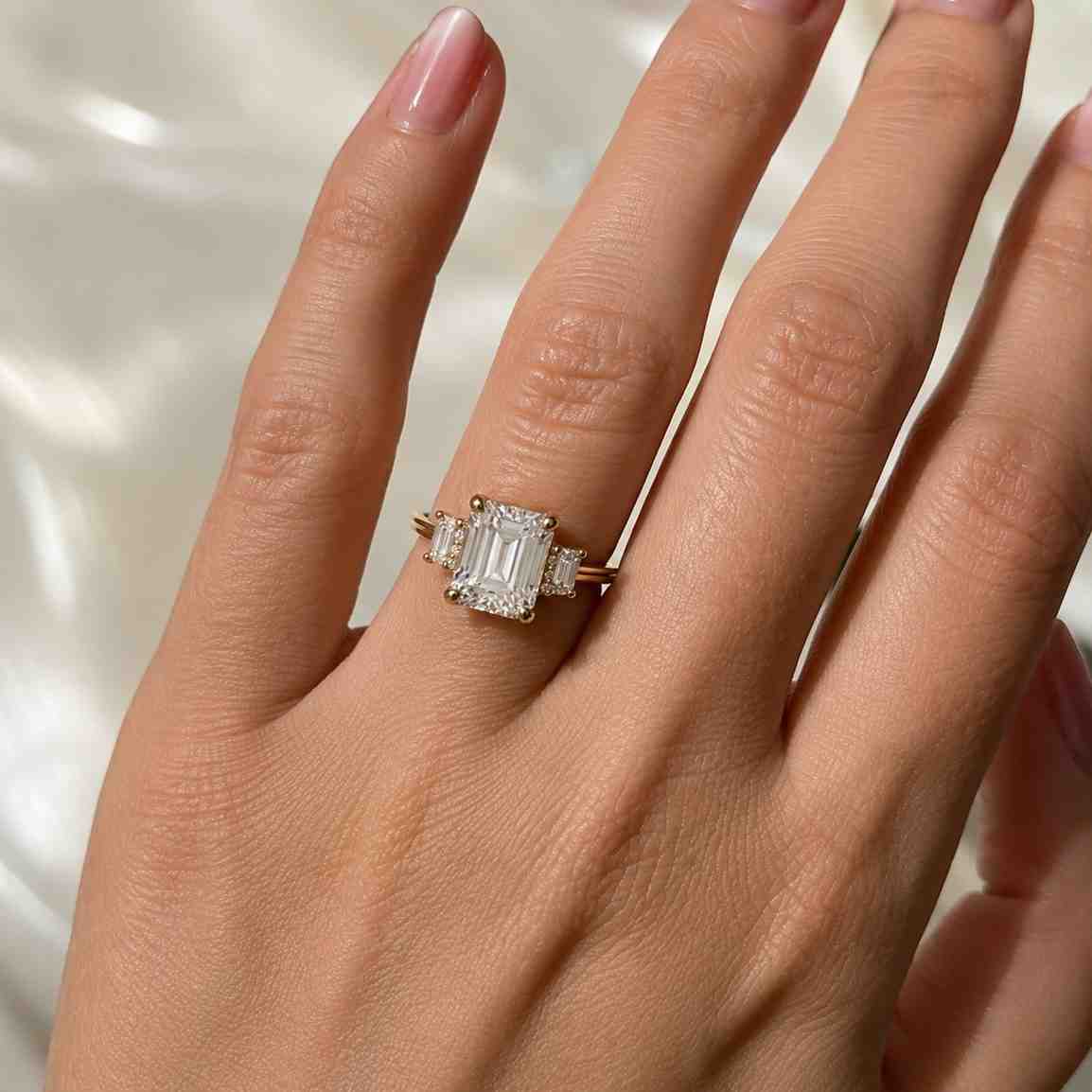 5 Carat Emerald Cut Lab-Grown Diamond Three Stone Engagement Ring / Trapezoids Side Stones /14k White Gold Luxurious Trilogy Diamond Ring