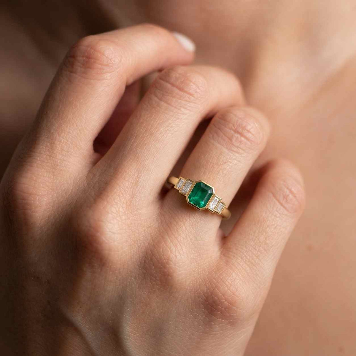 5 Carat Emerald Cut Lab Grown Diamond and Tapered Baguette Three Stone Ring in Rose Gold
