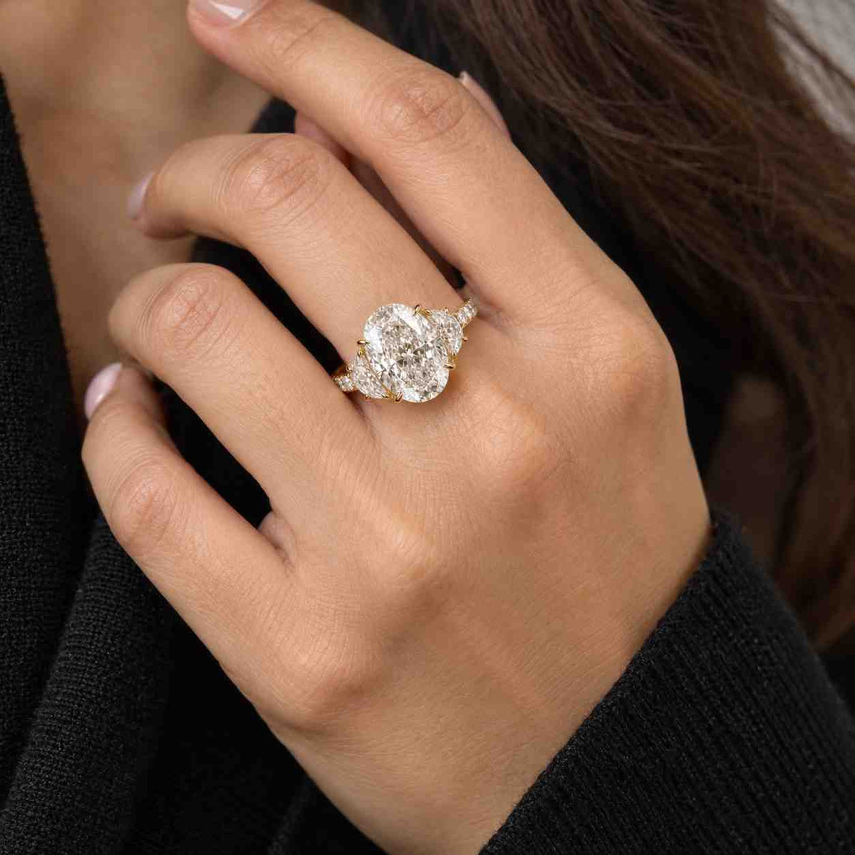 5 Carat Oval Cut Lab Grown Diamond Three Stone Engagement Ring  Half Moon Side Diamonds  18K Gold Trilogy Diamond Ring  Elegant Oval Ring