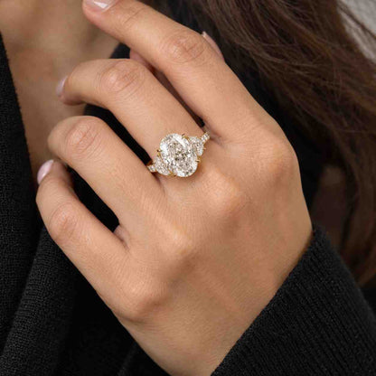 5 Carat Oval Cut Lab Grown Diamond Three Stone Engagement Ring  Half Moon Side Diamonds  18K Gold Trilogy Diamond Ring  Elegant Oval Ring