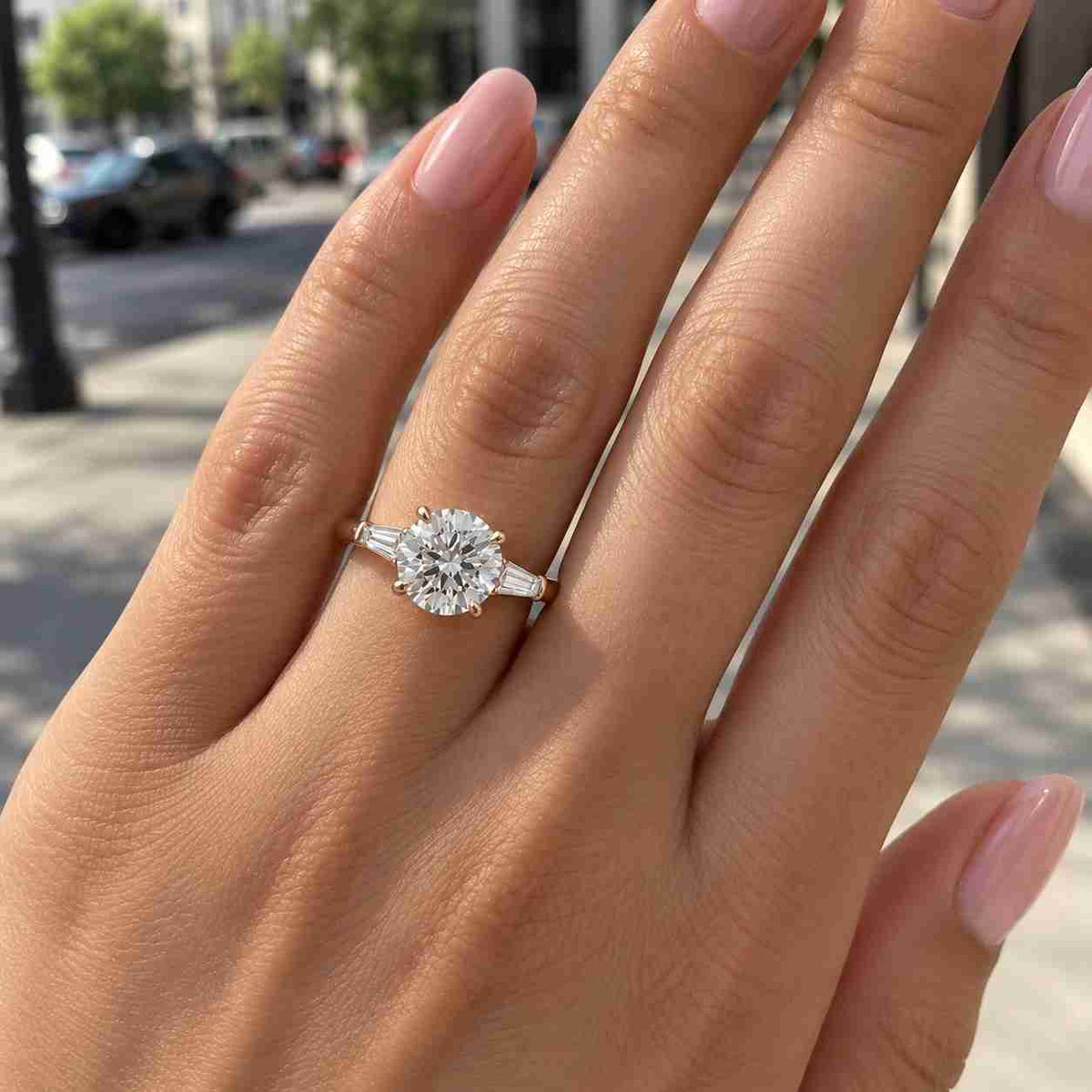 5 Carat Round Cut Lab Grown Diamond Ring with Tapered Baguette Side Stones