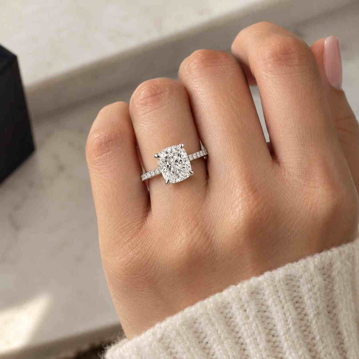 5 ct cushion cut lab grown diamond engagement ring | hidden halo with pave round diamonds | igi certified | 10k 14k 18k gold, platinum & silver