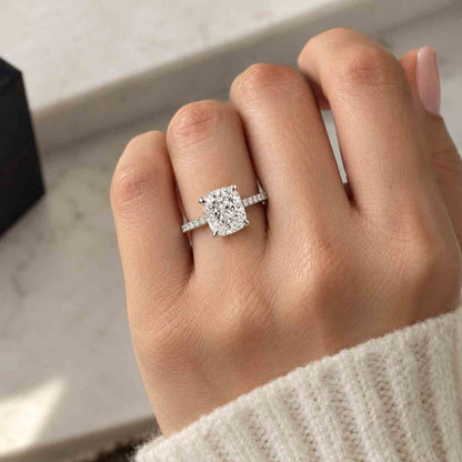 5 ct Cushion Cut Lab Grown Diamond Engagement Ring | Hidden Halo with Pave Round Diamonds | IGI Certified | 10k 14k 18k Gold, Platinum & Silver