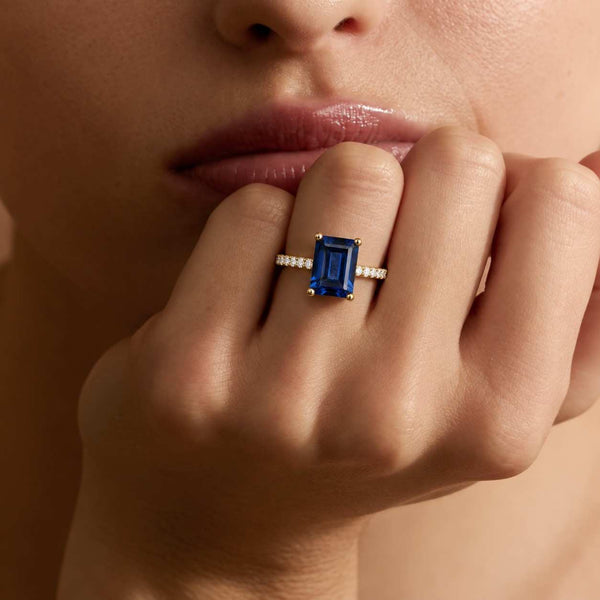 6.30 Ct Emerald Cut Natural Sapphire & Diamond 14K White Gold Engagement Proposal Ring

