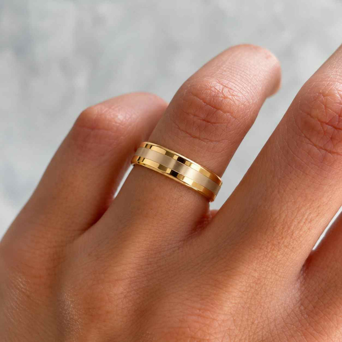6mm Matte Beveled Wedding Band: Flat Comfort Fit Solid Gold Ring
