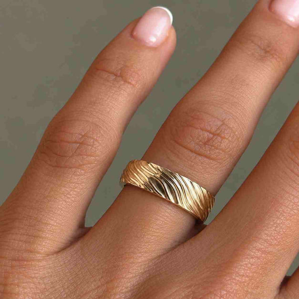 6mm Textured Solid Gold Men's Wedding Band, Handmade Comfort Fit Ring
