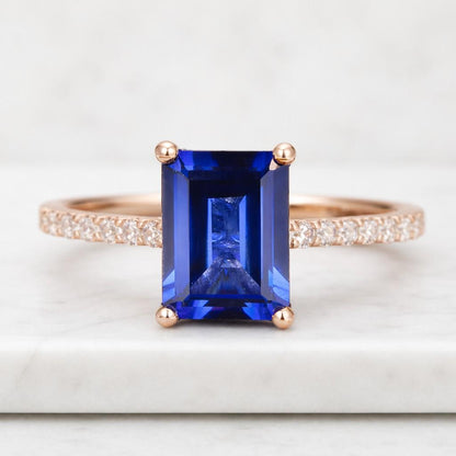 6x8mm Blue Sapphire Engagement Ring Pave Emerald Cut Real Sapphire Engagement Ring