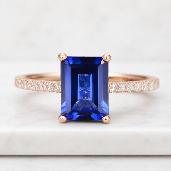 6x8mm Blue Sapphire Engagement Ring Pave Emerald Cut Real Sapphire Engagement Ring