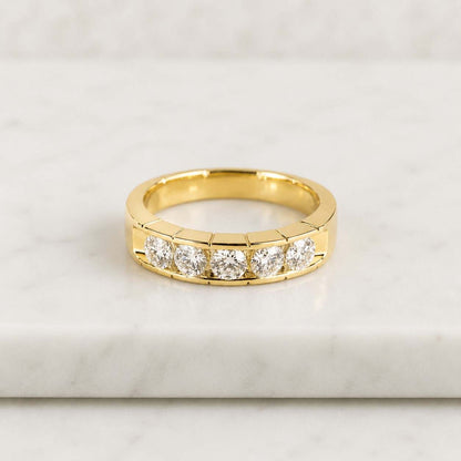 7.5 MM Wide Wedding Band,5.20 MM Round Lab Grown Lab Created Diamond Band,Mens Engagement ring 5 round lab grown Gold Band Ring Gift For Him

