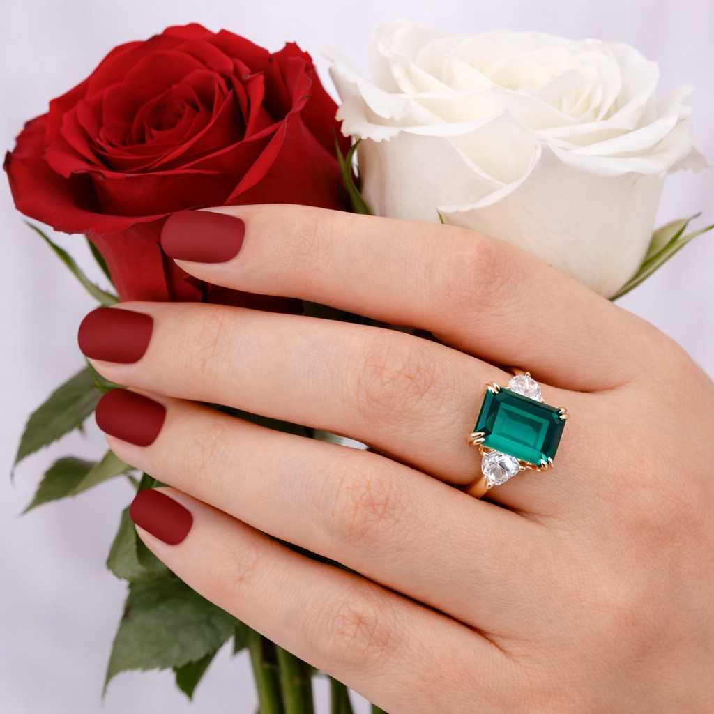 ready to ship, green emerald cut gemstone three stone ring, side pear cut diamond ring, 14k white gold claw prong set ring, tri stone ring
