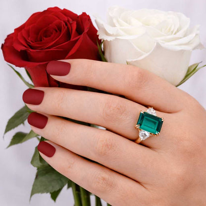Ready To Ship, Green Emerald Cut Gemstone Three Stone Ring, Side Pear Cut Diamond Ring, 14K White Gold Claw Prong Set Ring, Tri Stone Ring
