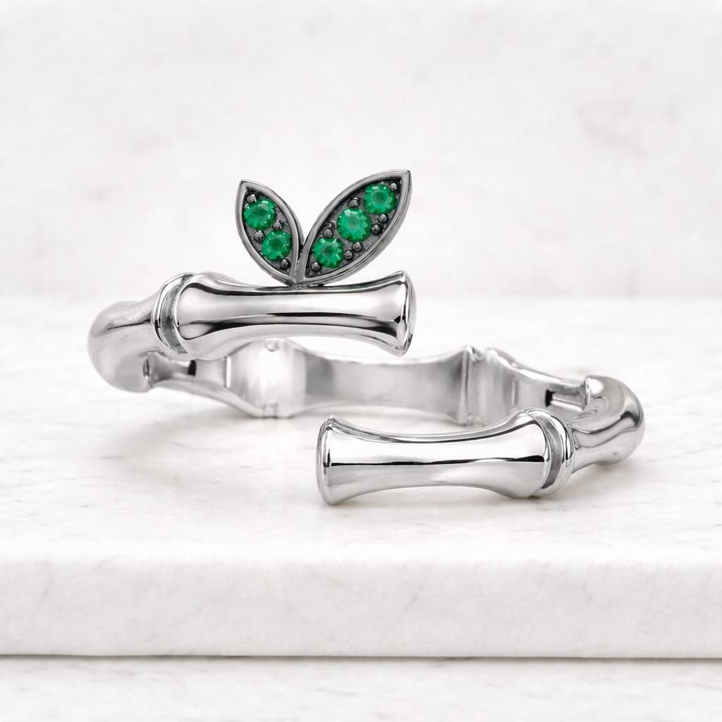 14k gold emerald leaf bamboo open ring adjustable ring