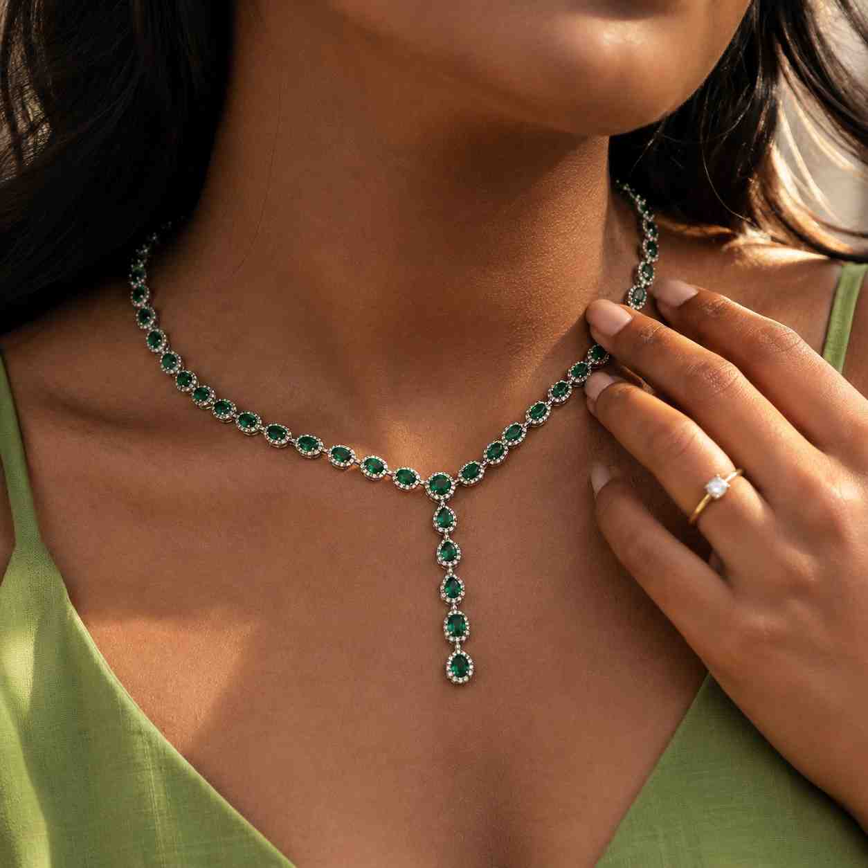 925 Silver Emerald Green Heart Y Necklace, Gold Plated Dainty CZ Lariat, Romantic Drop Charm Jewelry 7 Color Options
