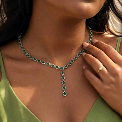 925 Silver Emerald Green Heart Y Necklace, Gold Plated Dainty CZ Lariat, Romantic Drop Charm Jewelry 7 Color Options
