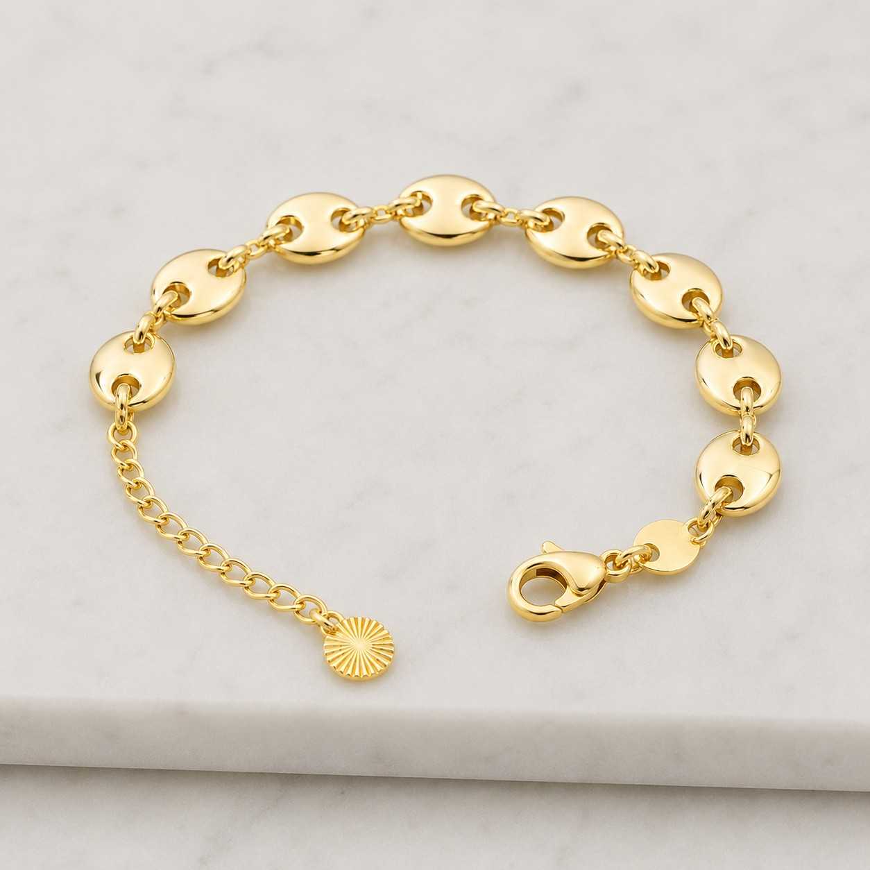 925 Sterling Silver 18K Gold Plated Puffed Mariner Bracelet, Yellow Gold Anchor Link Bracelet, Chunky Chain Gift for Women Men