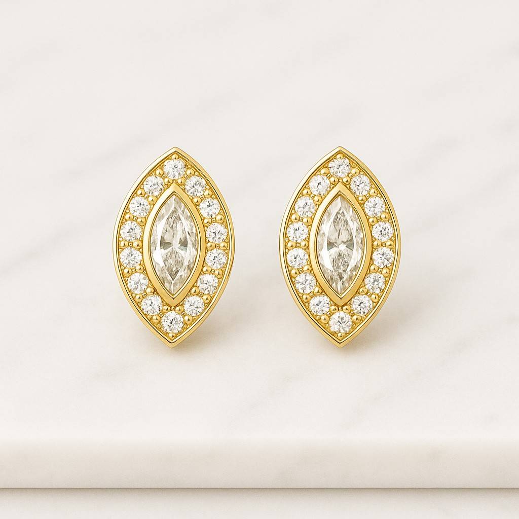 925 Sterling Silver with 14K Rose Gold Plating Dainty Diamond Stud Earrings 18k Gold Filled Round and Marquise CZ Moissanite Marquise Flower Stud Earrings 14K White Gold Floral Jewelry