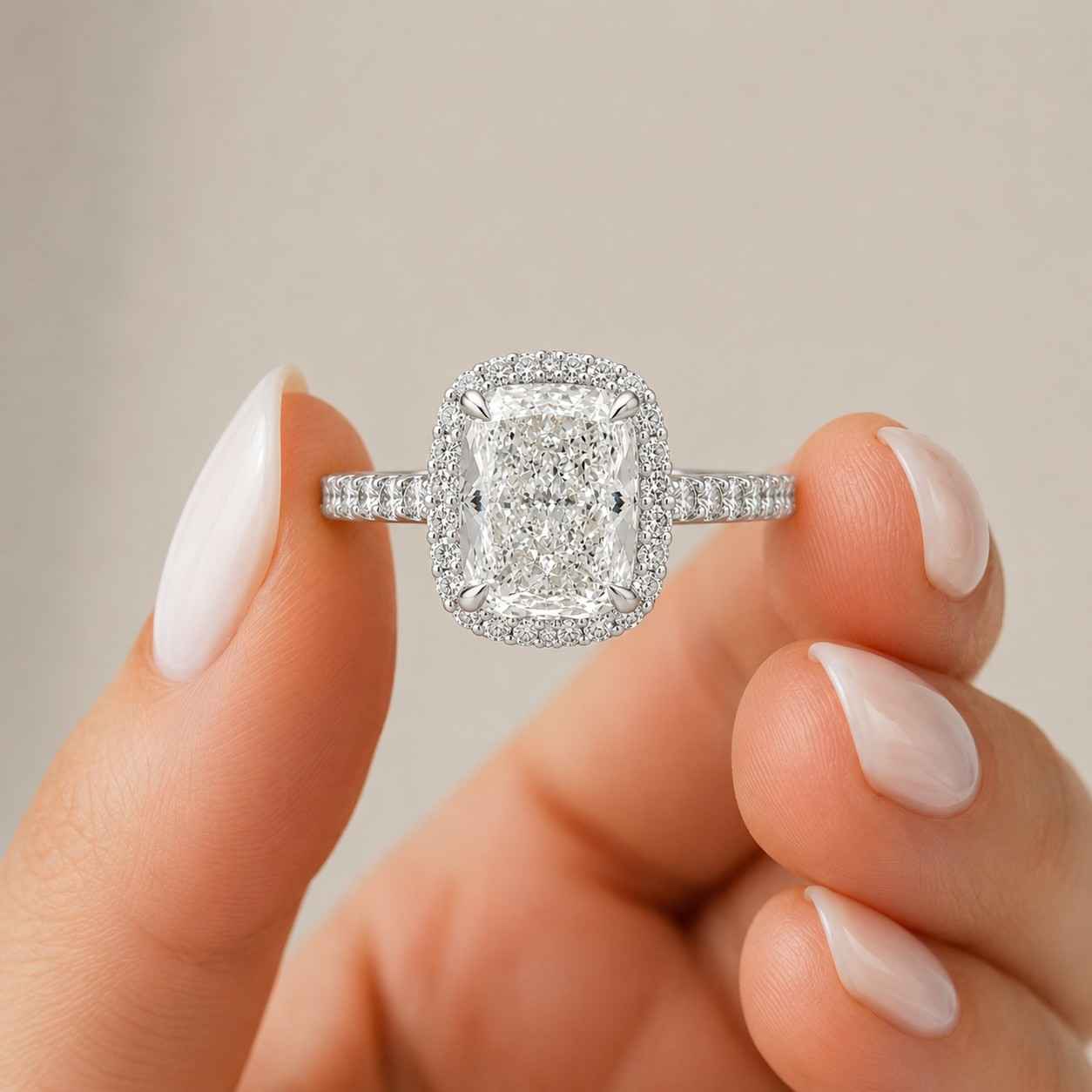 Radiant Cut Hidden Halo White Gold Moissanite Engagement Ring, 3/4 Eternity Diamond Basket Setting High Profile Ring, Proposal Bridal Ring