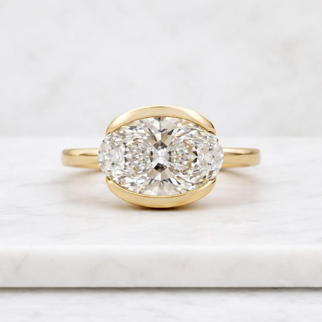 East West 3CT Oval Engagement Ring, Half Bezel Set Oval Moissanite Ring, Hidden Halo Ring, 14K Gold Wedding Ring, Anniversary Ring For Women
