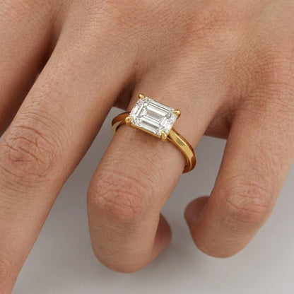 East West Emerald Engagement Ring, Horizontal Diamond Solitaire Band, Lab Grown IGI Certified Minimal Unique Bridal Anniversary Gift for Her
