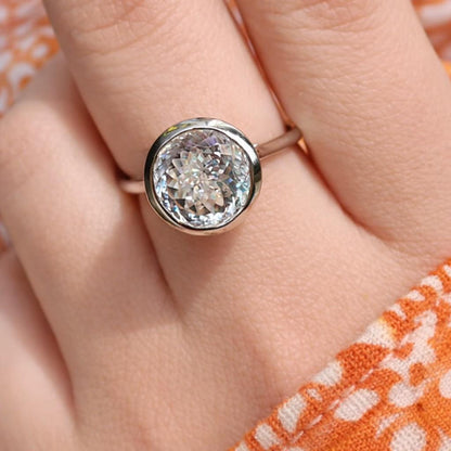 Round Moissanite Engagement Ring, Solid Gold Bezel Setting, Art Deco Style, Minimalist Anniversary Gift