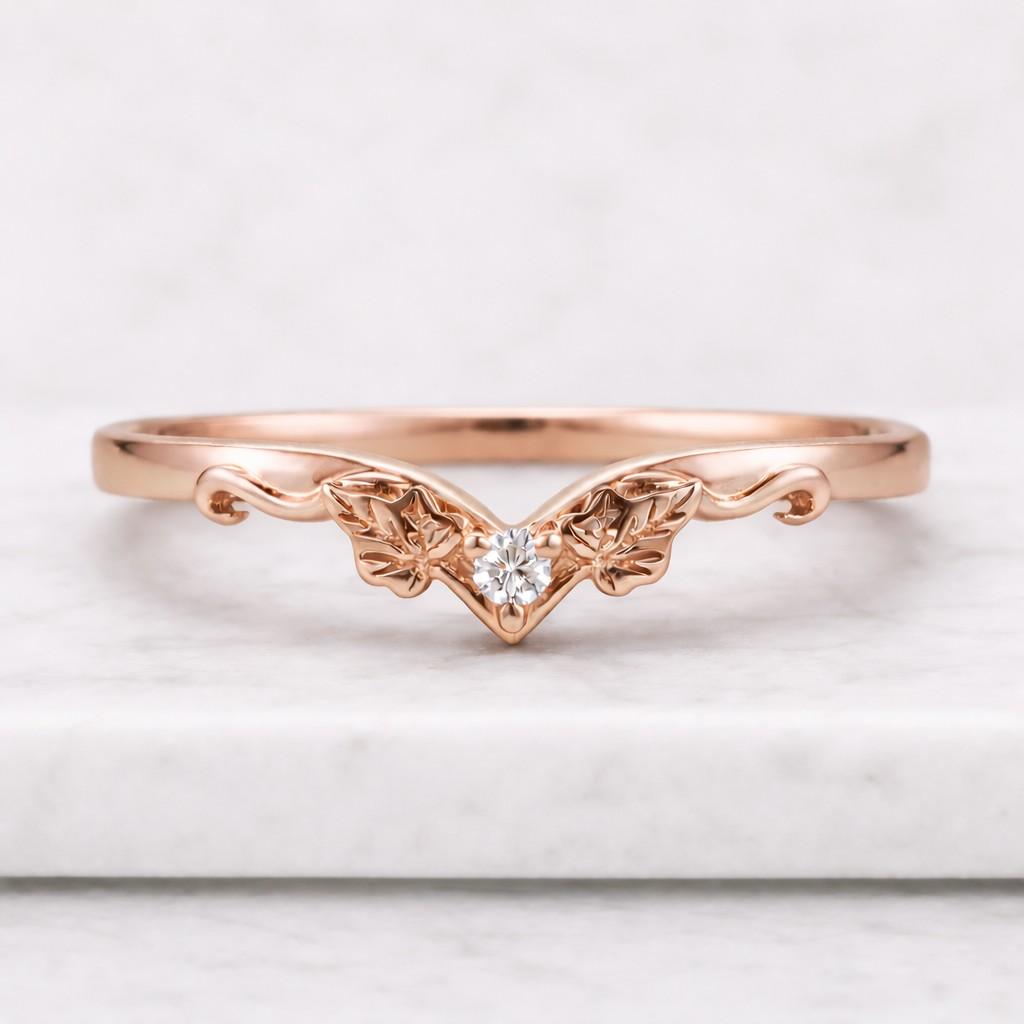 vintage leaf lab grown diamond wedding band, squiggle engraved floral 14k gold ring, round and pear cut nature inspired curved stacking ring