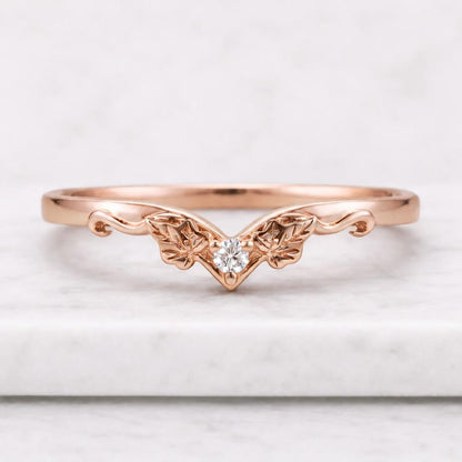 Vintage Leaf Lab Grown Diamond Wedding Band, Squiggle Engraved Floral 14K Gold Ring, Round And Pear Cut Nature Inspired Curved Stacking Ring