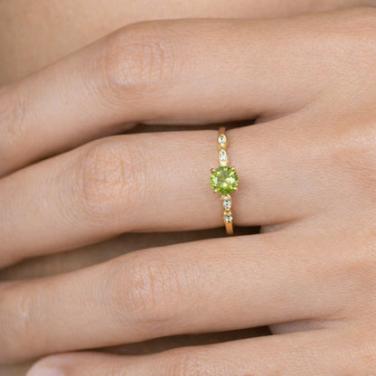 Peridot Travel Ring, Round Cut Engagement Ring, Dainty Promise Ring, Bridal Ring, August Birthstone Gift for Her