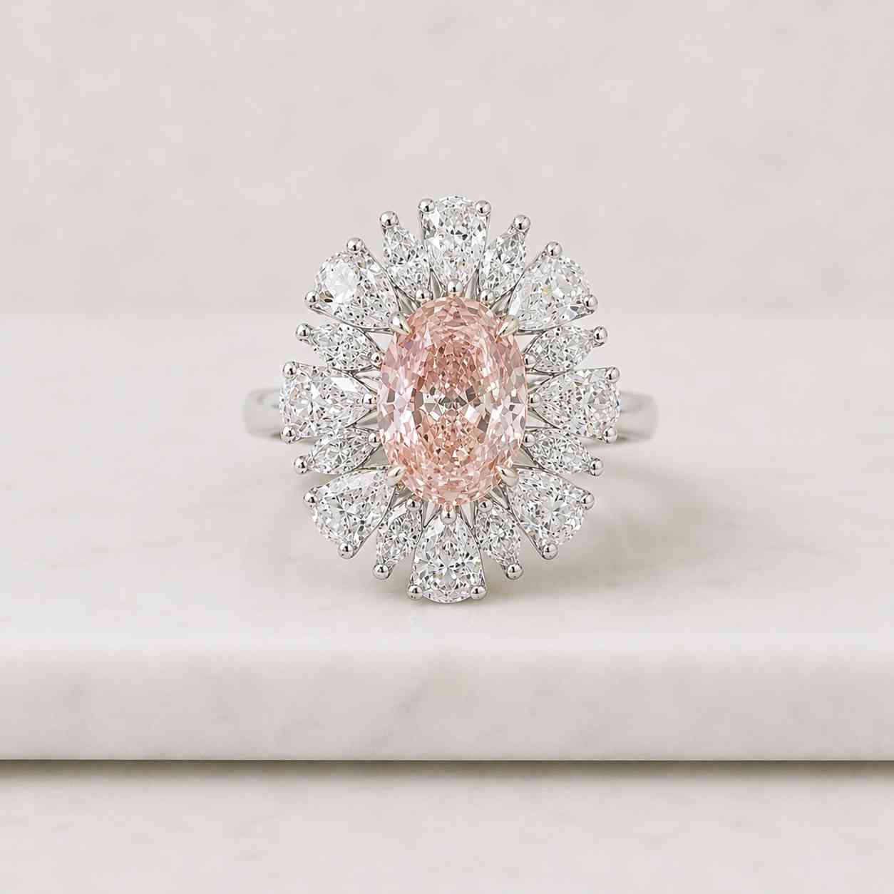 fancy vivid pink oval cut lab grow diamond ring, pink oval cut floral halo diamond ring, engagement ring, round vintage cluster halo ring

