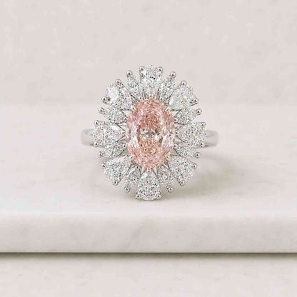 Fancy Vivid Pink Oval Cut Lab Grow Diamond Ring, Pink Oval Cut Floral Halo Diamond Ring, Engagement Ring, Round Vintage Cluster Halo Ring
