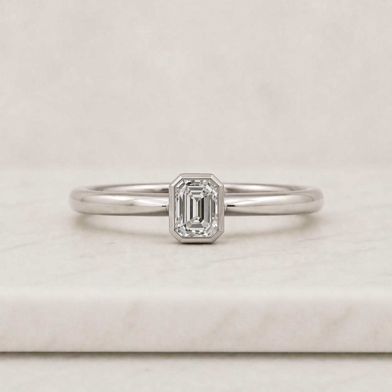 Emerald Cut Moissanite Ring | Bezel Set Solitaire Engagement Ring | Sterling Silver Minimalist Bridal Jewelry
